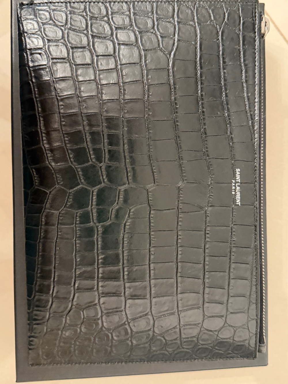 Saint Laurent Black Croc-Embossed Zip Pouch with Silver Logo
